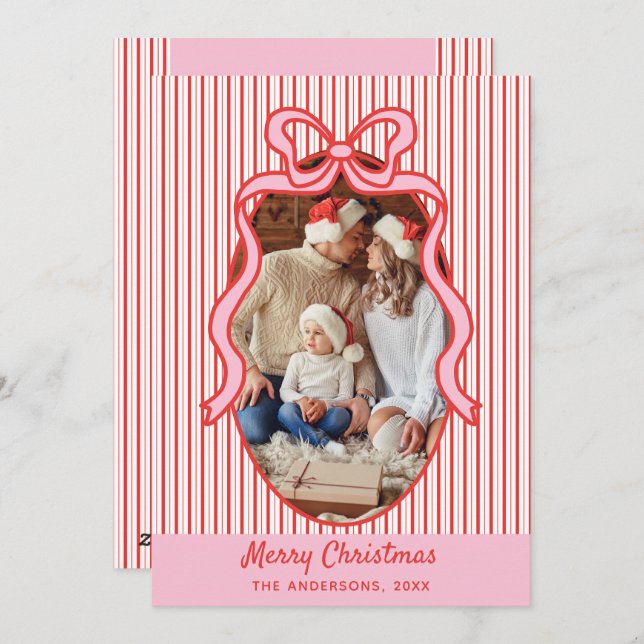 Red Pink Stripes & Bow Frame Christmas Photo Holiday Card (Front/Back)