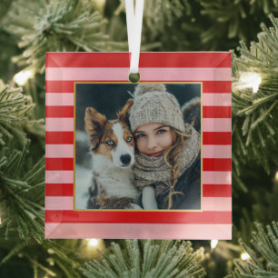 Red Pink Stripes Christmas Photo Glass Tree Decoration