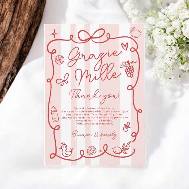 Red Pink Stripes Italian-Themed Ciao Baby Shower Thank You Card (Red Pink Stripes Italian-Themed Ciao Baby Shower Thank You Card)