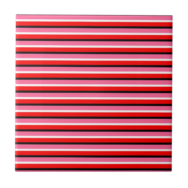 Red Pink Stripes Pattern Design Ceramic Tile (Front)