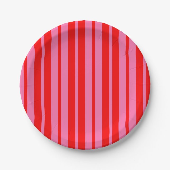 Red Pink Stylish Stripes Pattern Design  Paper Plate (Front)