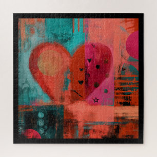 Red Pink Valentine Graffiti Split Heart Jigsaw Puzzle