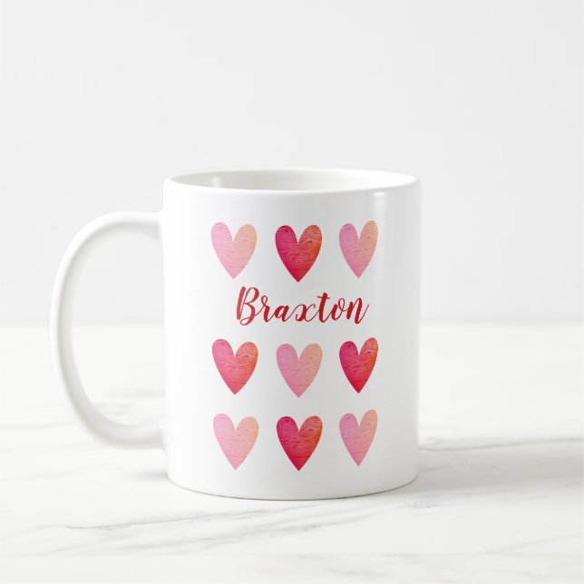 Red Pink Valentines Day Heart Pattern Coffee Mug (Left)