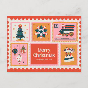 Red Pink Vintage Postage Stamp Merry Christmas Car Holiday Postcard