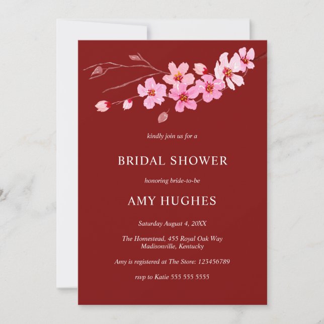 Red Pink Watercolor Cherry Blossom Bridal Shower Invitation (Front)