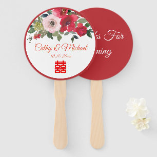 Red pink watercolor floral modern Chinese wedding Hand Fan