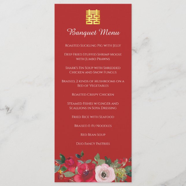 Red pink watercolor floral modern chinese wedding menu (Front)