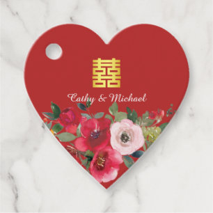 Red pink watercolor floral modern double happiness favour tags