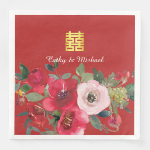 Red pink watercolor floral modern double happiness napkin