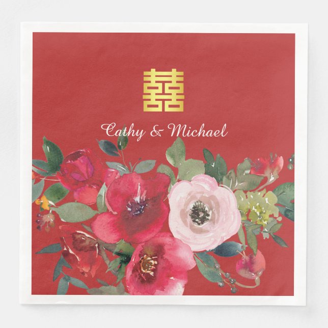 Red pink watercolor floral modern double happiness napkin (Front)