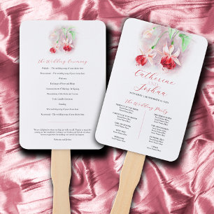 Red pink watercolor fuchsia wedding program hand fan