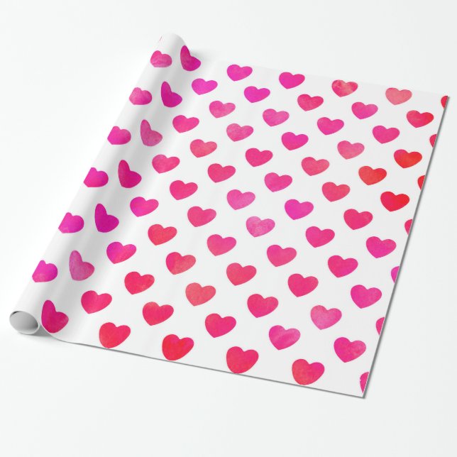 Red Pink Watercolor Hearts Wrapping Paper (Unrolled)