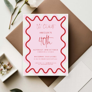 Red Pink Wavy Border 40th Birthday Invitation