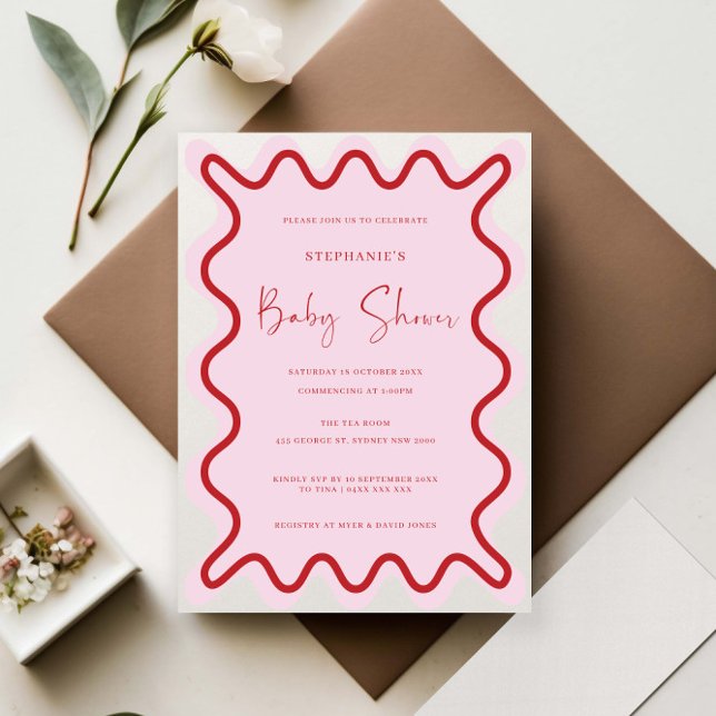 Red Pink Wavy Border Baby Shower Invitation (Creator Uploaded)