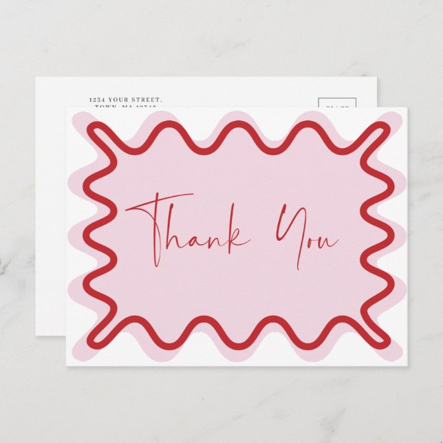 Red Pink Wavy Border Thank You postcard (Front/Back)