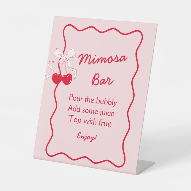Red Pink Wavy Cherry Bow Bridal Shower Mimosa Bar Pedestal Sign (Front)