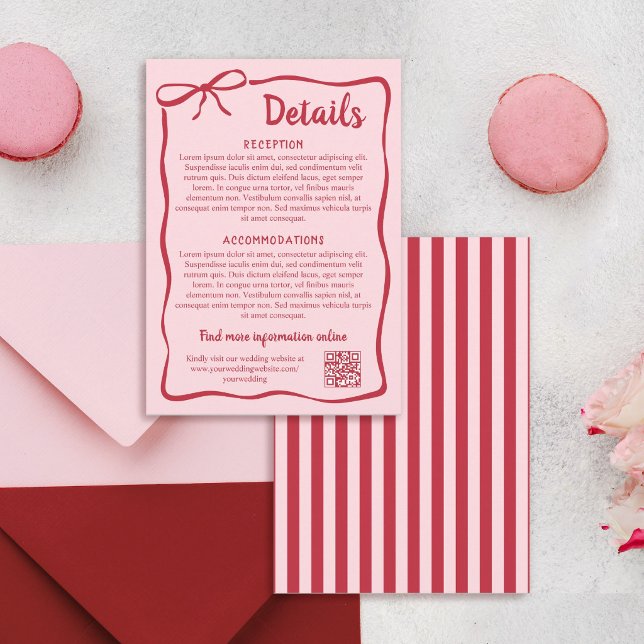 Red Pink Wavy Frame Bow Wedding Details Enclosure Card (Creator Uploaded)