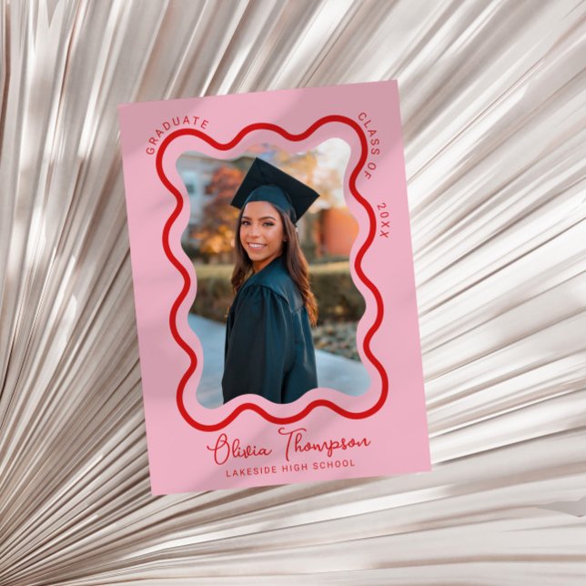 Red Pink Wavy Photo Frame Graduation  Invitation (Creator Uploaded)