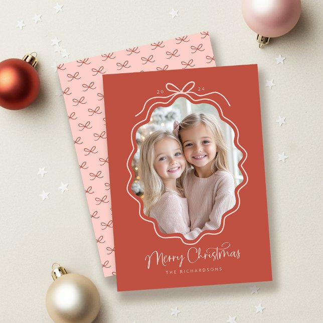 Red Pink Wavy Retro Photo Holiday Card (Front and Back on a 5" x 7" card)