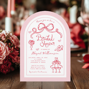 Red Pink Whimsical Bow Illustration Bridal Shower Invitation