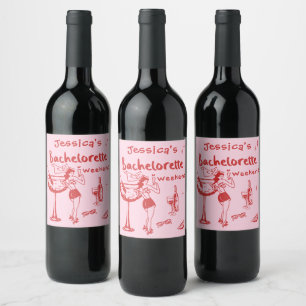 Red Pink Whimsical Cocktail Bachelorette Weekend Wine Label