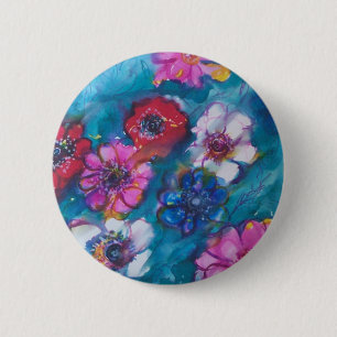 RED PINK WHITE COLORFUL FLOWERS IN BLUE 6 CM ROUND BADGE