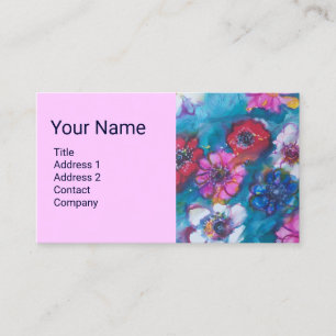 RED PINK WHITE COLORFUL FLOWERS IN BLUE MONOGRAM BUSINESS CARD
