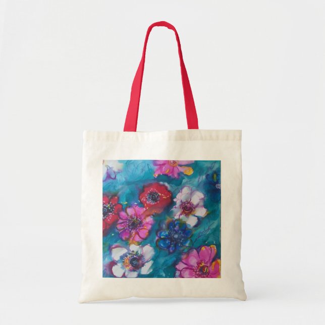 RED PINK WHITE COLORFUL FLOWERS IN BLUE TOTE BAG (Front)