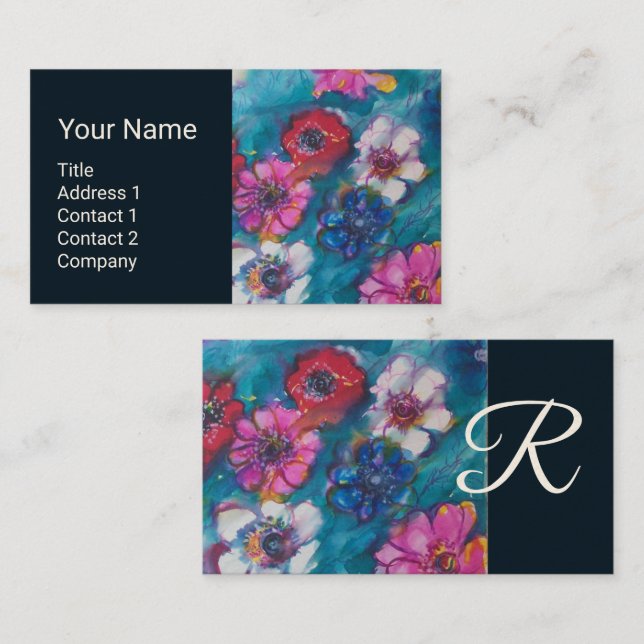 RED PINK WHITE FLOWERS IN BLUE FLORAL MONOGRAM  BUSINESS CARD (Front/Back)