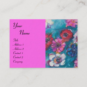 RED PINK WHITE FLOWERS IN BLUE MONOGRAM Fuchsia Business Card