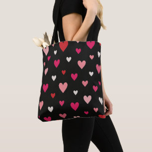 Red, Pink & White Hearts Black  Tote Bag