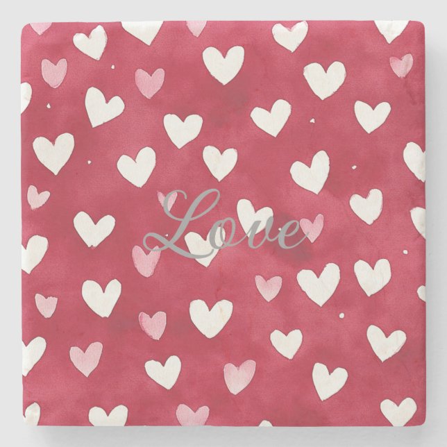 Red Pink White Hearts Stone Coaster (Front)