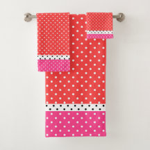 Red Pink White Polka Dots Bath Towel Set