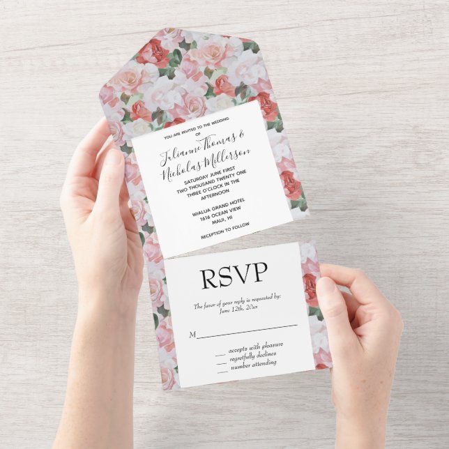 Red Pink White Roses Floral Wedding All In One Invitation (Tearaway)