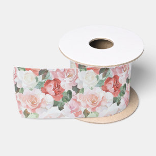 Red Pink White Roses Floral Wedding Satin Ribbon