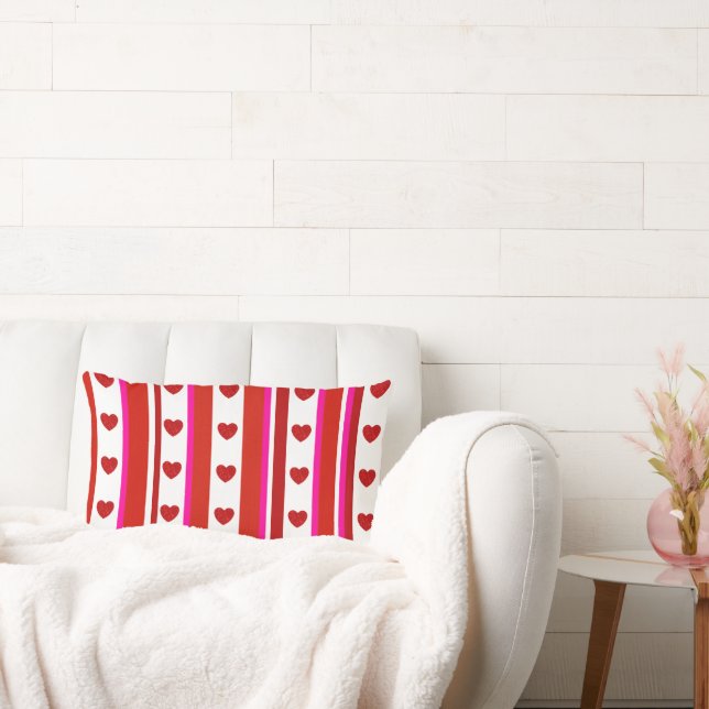 Red Pink White Stripes & Hearts  Lumbar Cushion (Couch)