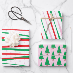 Red Pink Xmas Wrapping Paper Flat Sheet Set of 3