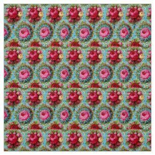 RED PINK YELLOW ROSES IN BLUE FABRIC