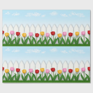 Red Pink & Yellow Tulips White Picket Fence Tiling Wrapping Paper