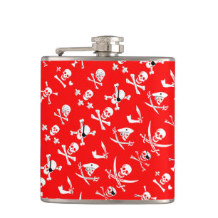RED PIRATE BANNERS SKULL,CROSSED BONES,SWORDS HIP FLASK