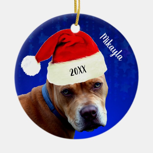 Red Pit Bull with Santa Hat Christmas  Ceramic Ornament (Front)