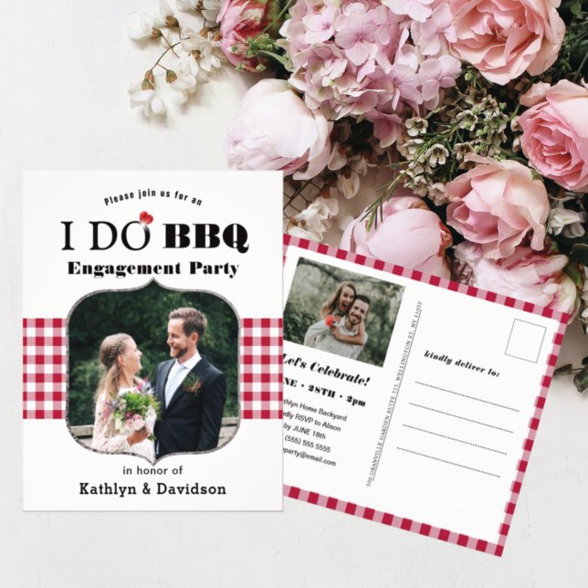 Red Plaid 2 Photo I DO Engagement Party Invitation Postcard (Creator Uploaded)