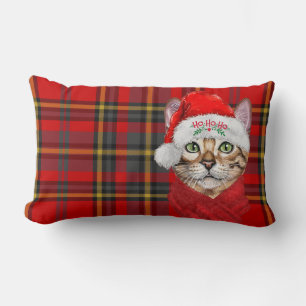 Red Plaid Abyssinian Christmas Cat Holiday Lumbar Cushion