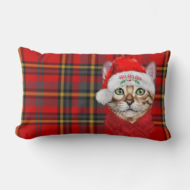 Red Plaid Abyssinian Christmas Cat Holiday Lumbar Cushion (Front)