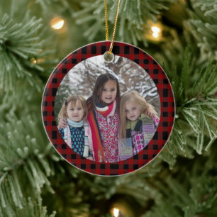 Red Plaid Add your Own photo Christmas Ceramic Ornament