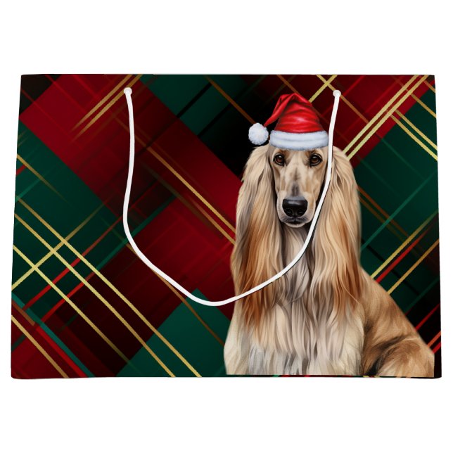 Red Plaid Afghan Hound Dog Lover Holiday Large Gift Bag (Front)