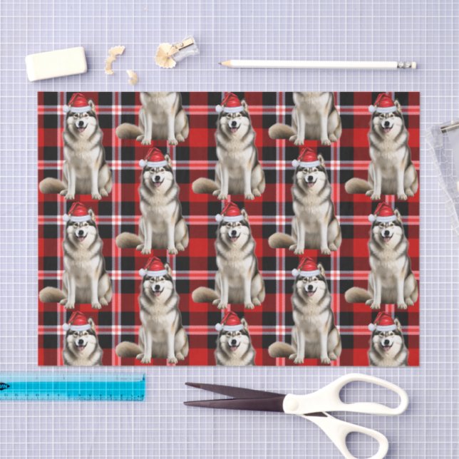 Red Plaid Alaskan Malamute Dog Christmas Holiday Tissue Paper (Craft)