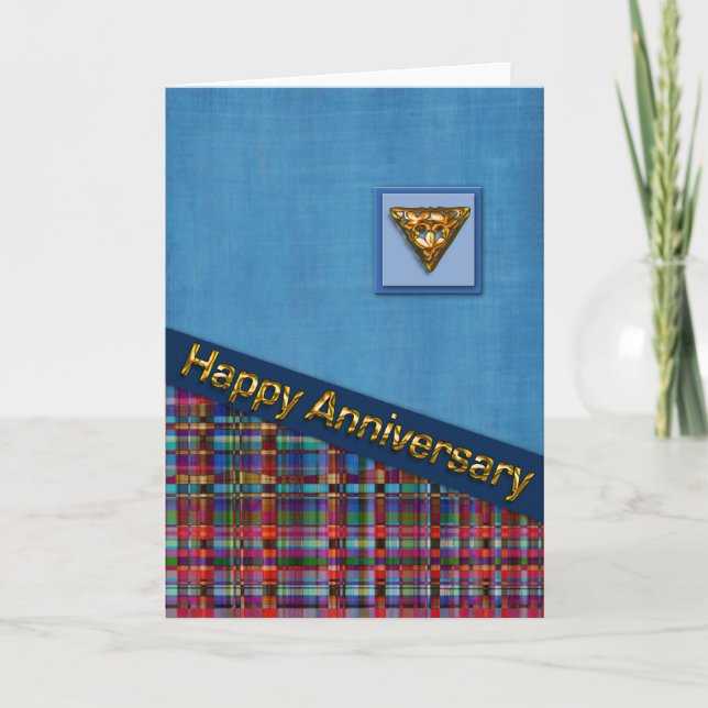 Red Plaid and Blue Fabric Anniversary Card (Front)
