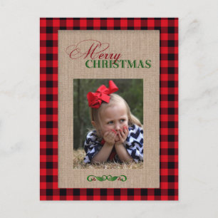 Red Plaid and Burlap Christmas Photo Card
