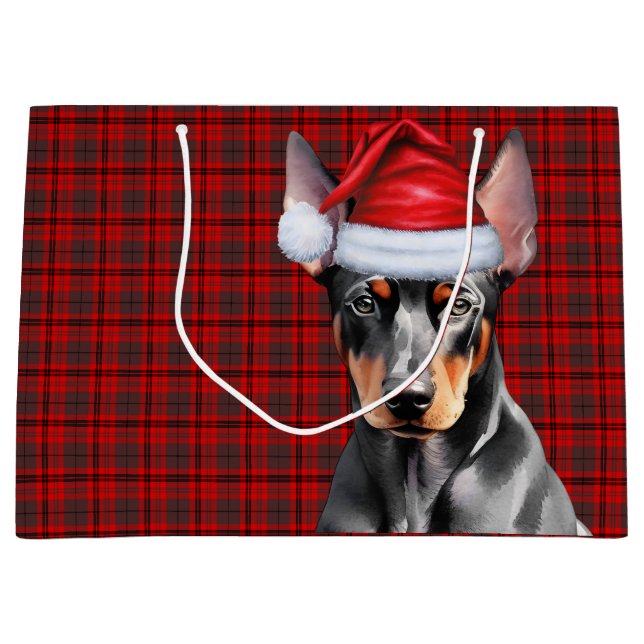 Red Plaid and Doberman Pinscher Dog Lover Holiday Large Gift Bag (Front)